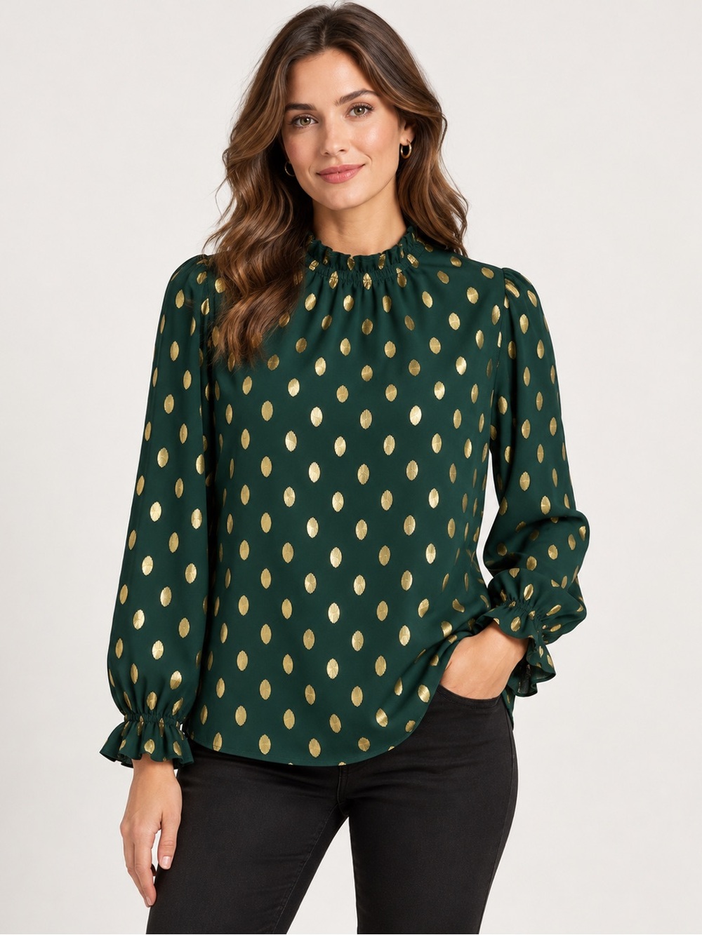 Green Blouse with Gold Dot Accents — Ruffled Mock Neck